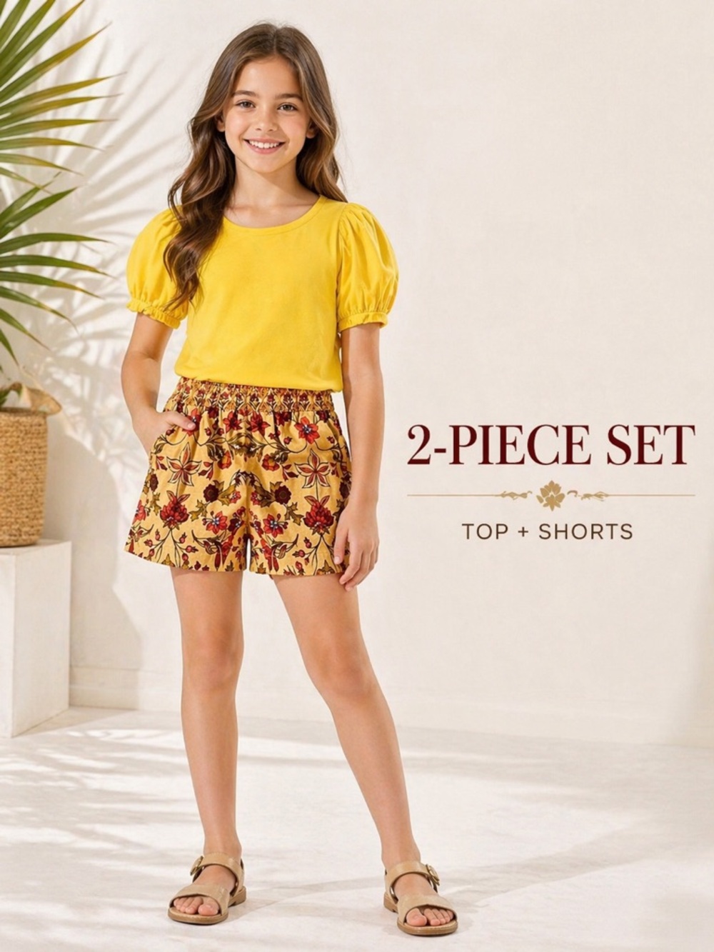 A Loves A Girls 2 Piece Set Yellow Top Floral Shorts Size M 9-10 Puff